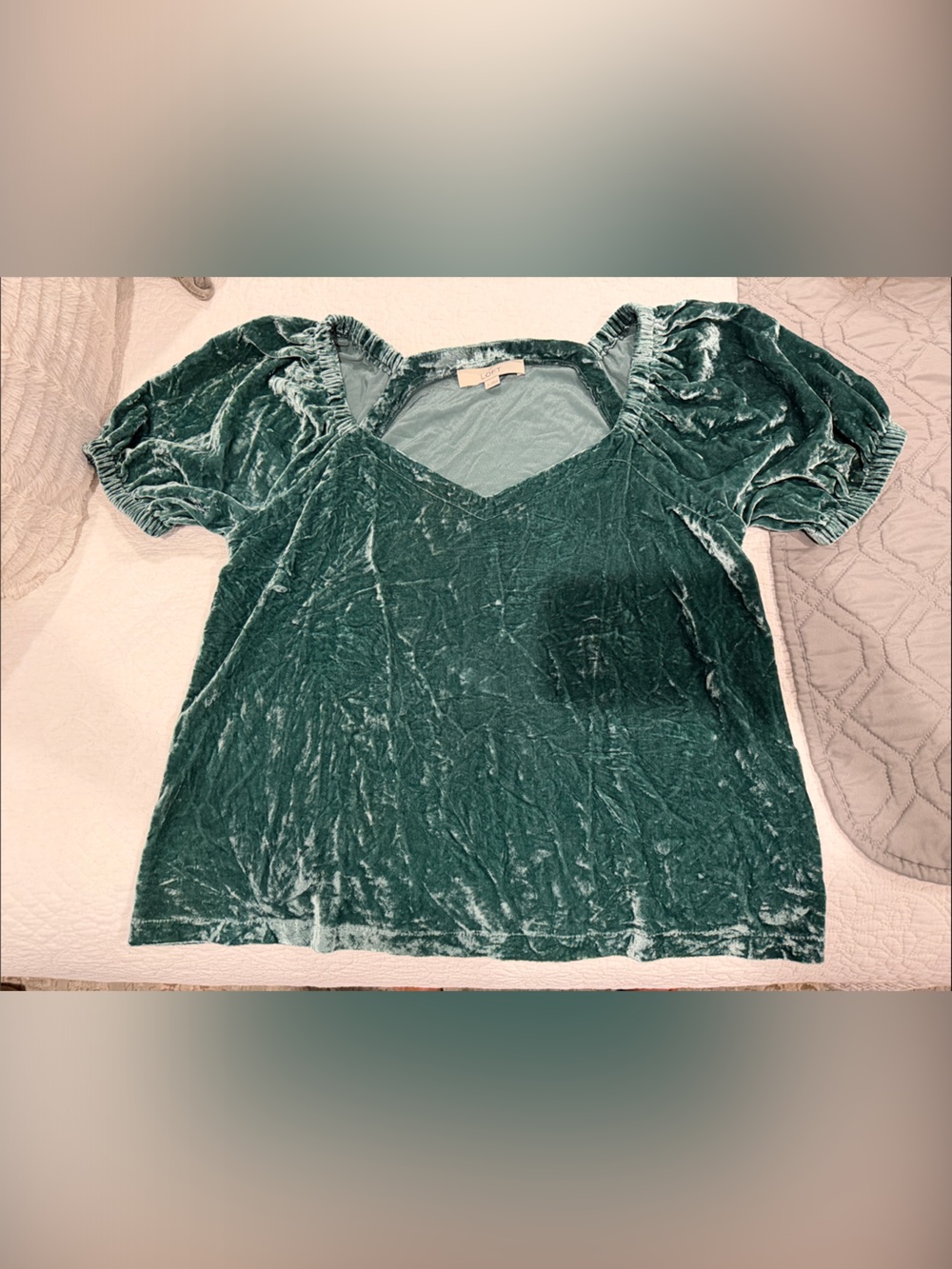 LOFT Emerald Green Velvet Puff Sleeve Blouse